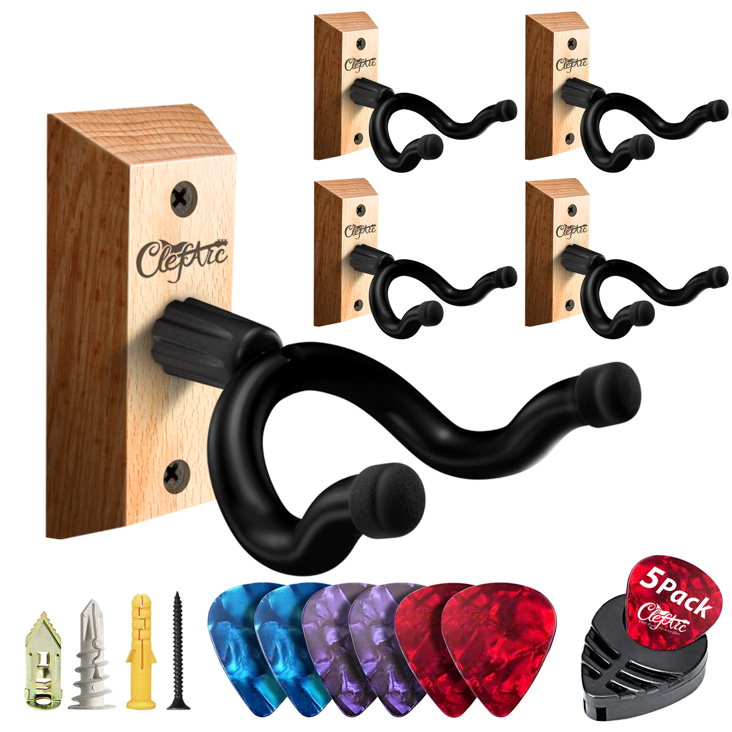 Guitar Wall Mount - U-Shape Hardwood Guitar Hanger, with 6 Assorted Guitar Picks