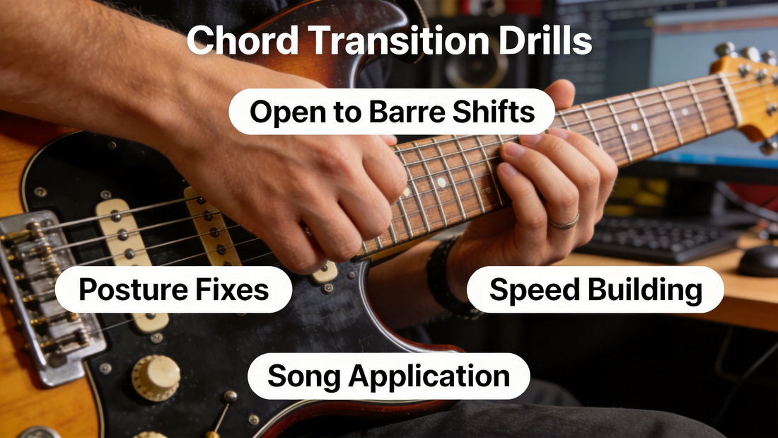 How to Effectively Practice Electric Guitar Chord Transition Drills for Smooth, Seamless Open-to-Barre Chord Changes