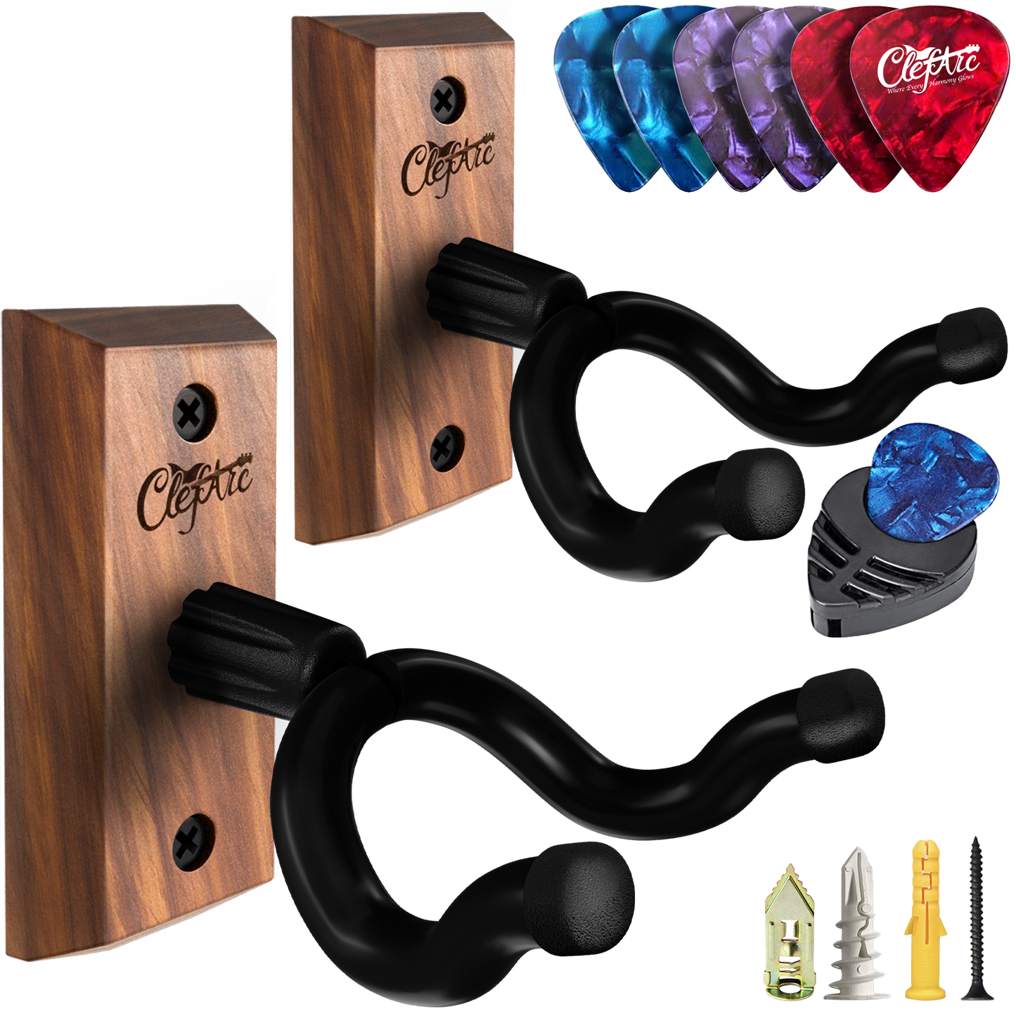 Guitar Wall Mount 2 Pack, Black Walnut Guitar Wall Hangers, U-Shape Hardwood Guitar Hanger, Christmas Gift for Men Music Lovers, Guitar Accessories, with 6 Assorted Guitar Picks
