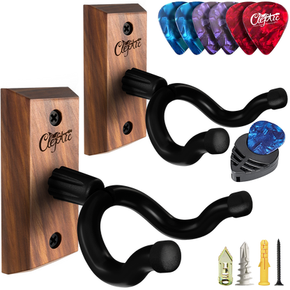 Guitar Wall Mount 2 Pack, Black Walnut Guitar Wall Hangers, U-Shape Hardwood Guitar Hanger, Christmas Gift for Men Music Lovers, Guitar Accessories, with 6 Assorted Guitar Picks