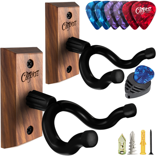 Guitar Wall Mount 2 Pack, Black Walnut Guitar Wall Hangers, U-Shape Hardwood Guitar Hanger, Christmas Gift for Men Music Lovers, Guitar Accessories, with 6 Assorted Guitar Picks