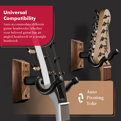 Guitar Wall Mount 2 Pack, Black Walnut Guitar Wall Hangers, U-Shape Hardwood Guitar Hanger, Christmas Gift for Men Music Lovers, Guitar Accessories, with 6 Assorted Guitar Picks