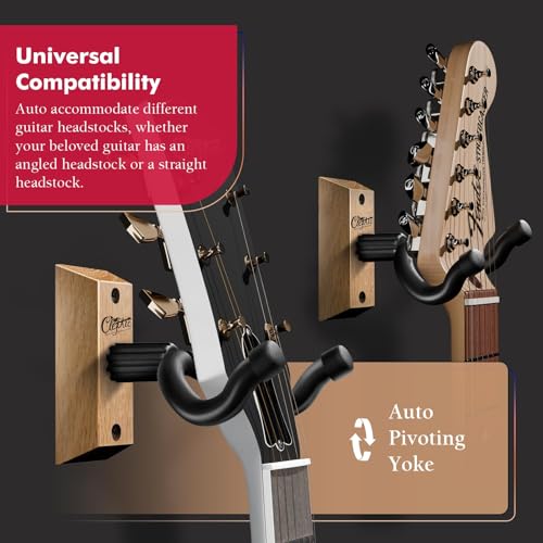 Guitar Wall Mount Teak - 2 Pack U-Shape Wall Hangers, Guitar Picks, Pick Holder, Stand, Wood Instrument Hanger, Gifts for Guitarists