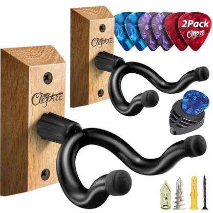 Guitar Wall Mount Teak - 2 Pack U-Shape Wall Hangers, Guitar Picks, Pick Holder, Stand, Wood Instrument Hanger, Gifts for Guitarists