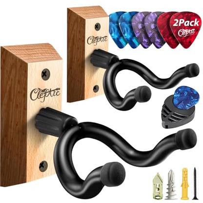 Guitar Wall Mount Teak - 2 Pack U-Shape Wall Hangers, Guitar Picks, Pick Holder, Stand, Wood Instrument Hanger, Gifts for Guitarists