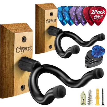 Guitar Wall Mount Teak - 2 Pack U-Shape Wall Hangers, Guitar Picks, Pick Holder, Stand, Wood Instrument Hanger, Gifts for Guitarists