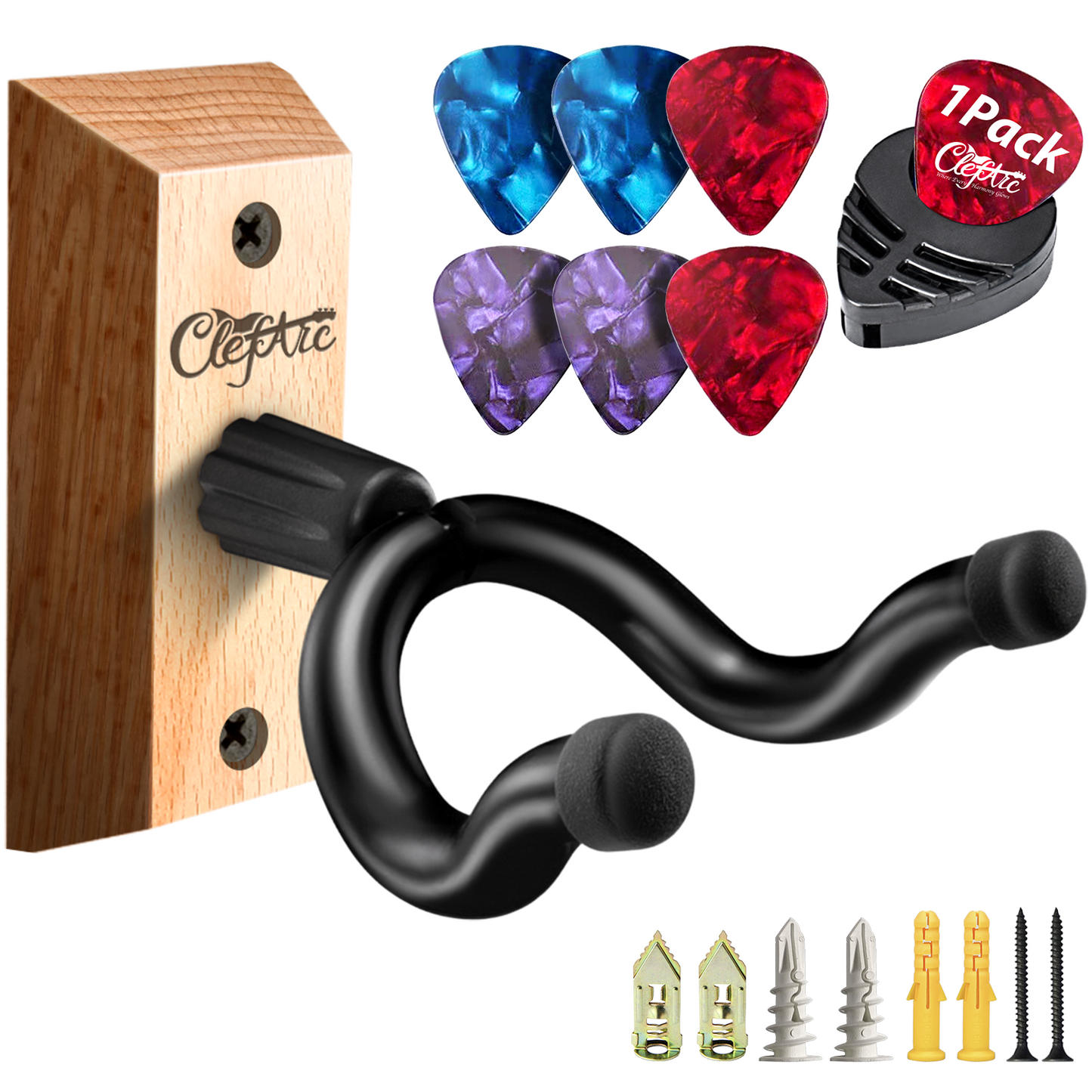 Guitar Wall Mount - U-Shape Hardwood Guitar Hanger, with 6 Assorted Guitar Picks