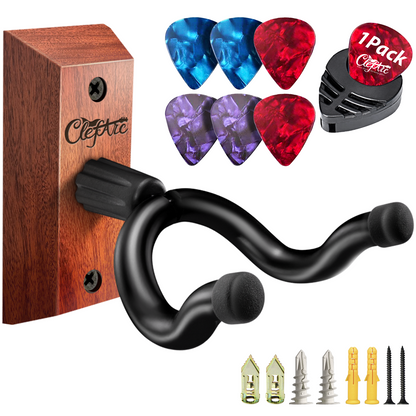 Guitar Wall Mount - U-Shape Hardwood Guitar Hanger, with 6 Assorted Guitar Picks