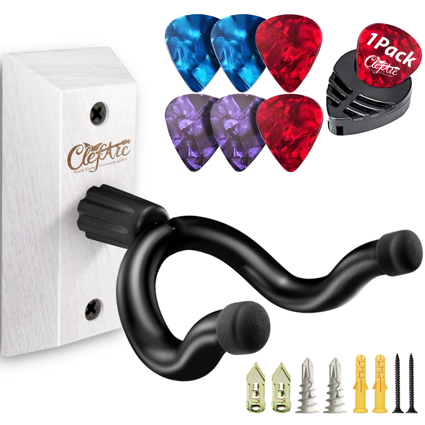 Guitar Wall Mount - U-Shape Hardwood Guitar Hanger, with 6 Assorted Guitar Picks