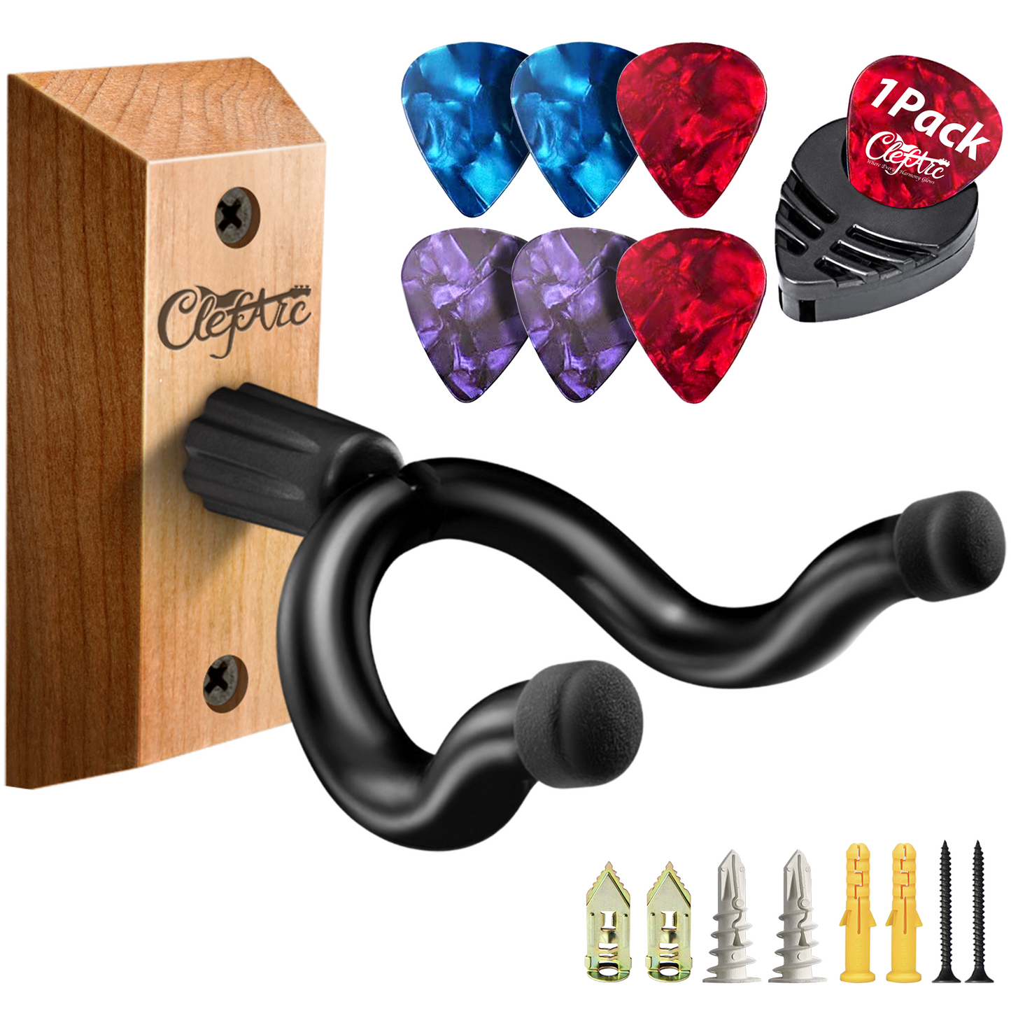 Guitar Wall Mount - U-Shape Hardwood Guitar Hanger, with 6 Assorted Guitar Picks