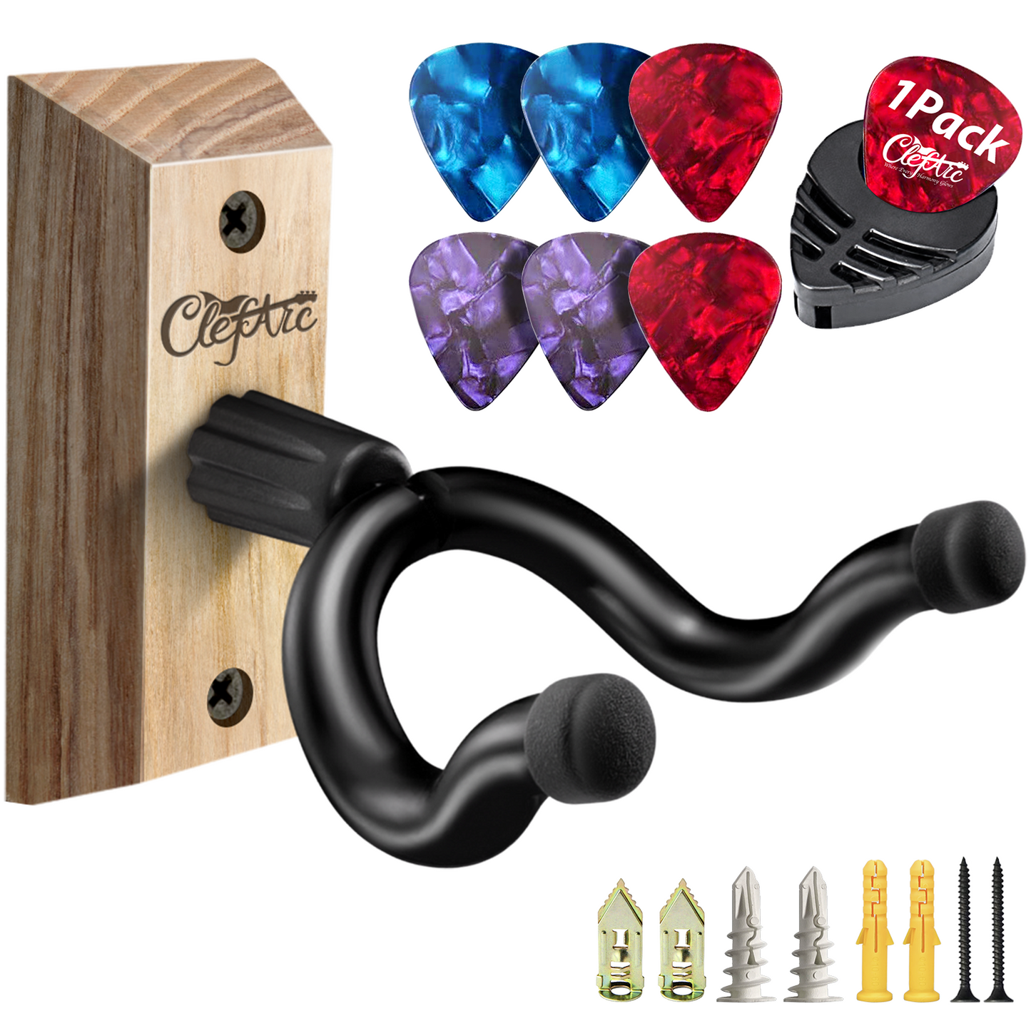 Guitar Wall Mount - U-Shape Hardwood Guitar Hanger, with 6 Assorted Guitar Picks