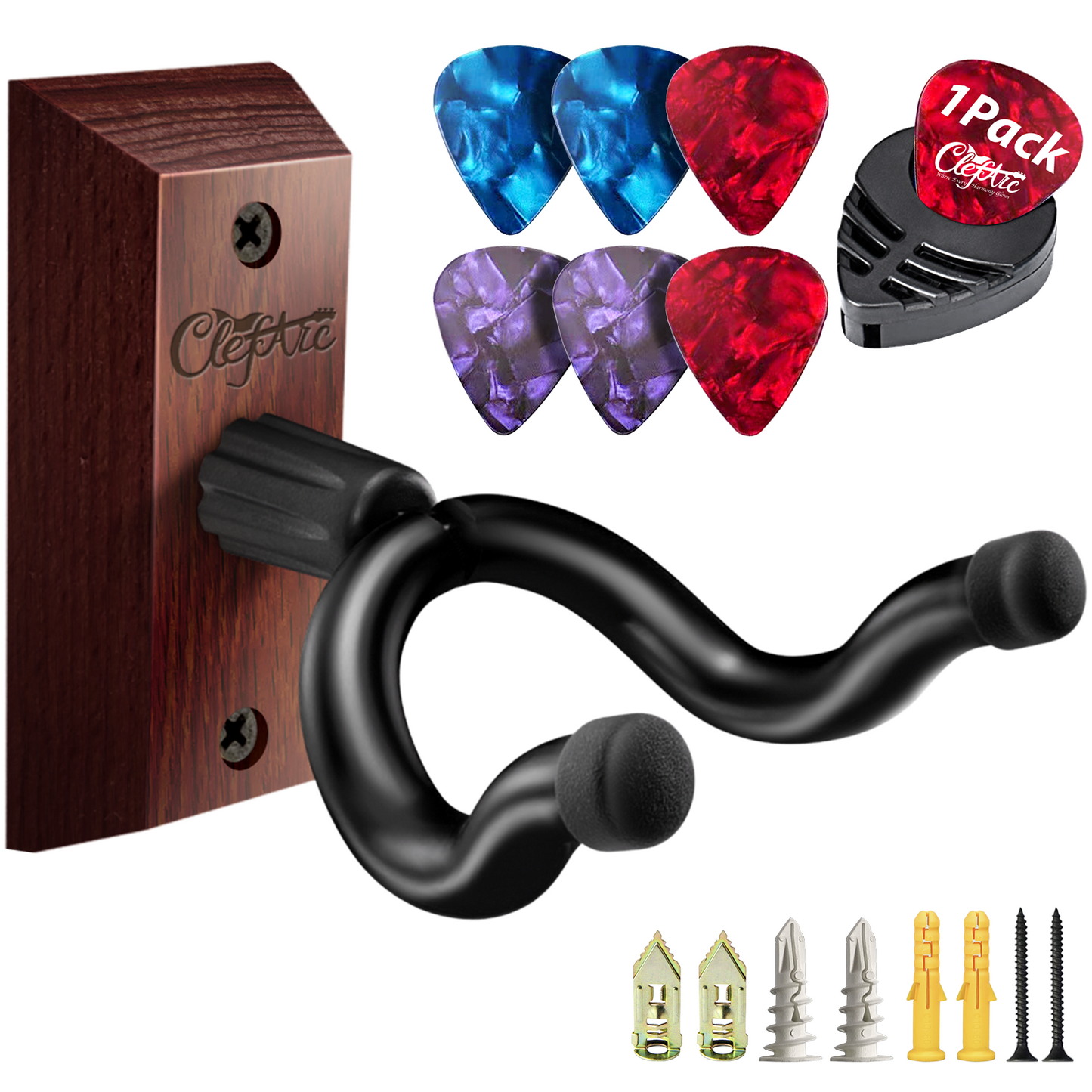 Guitar Wall Mount - U-Shape Hardwood Guitar Hanger, with 6 Assorted Guitar Picks