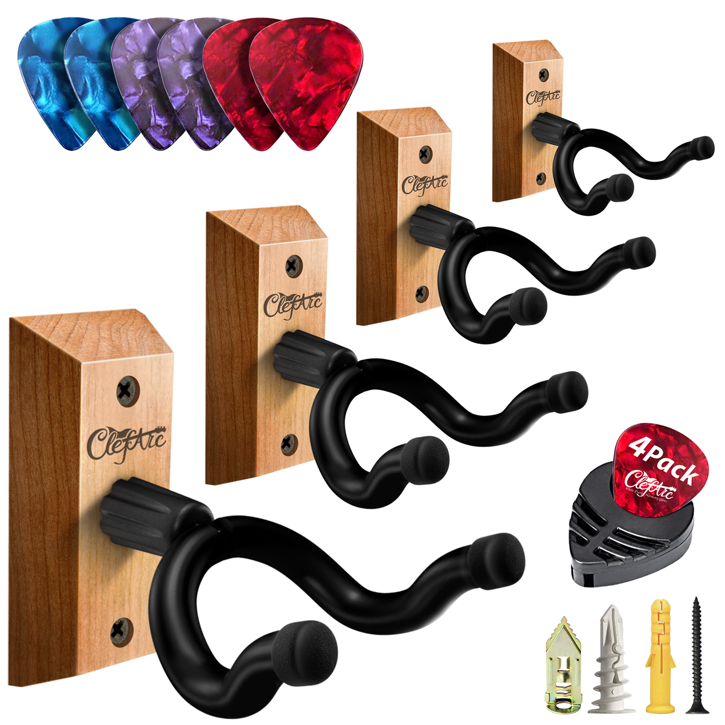 Guitar Wall Mount - U-Shape Hardwood Guitar Hanger, with 6 Assorted Guitar Picks