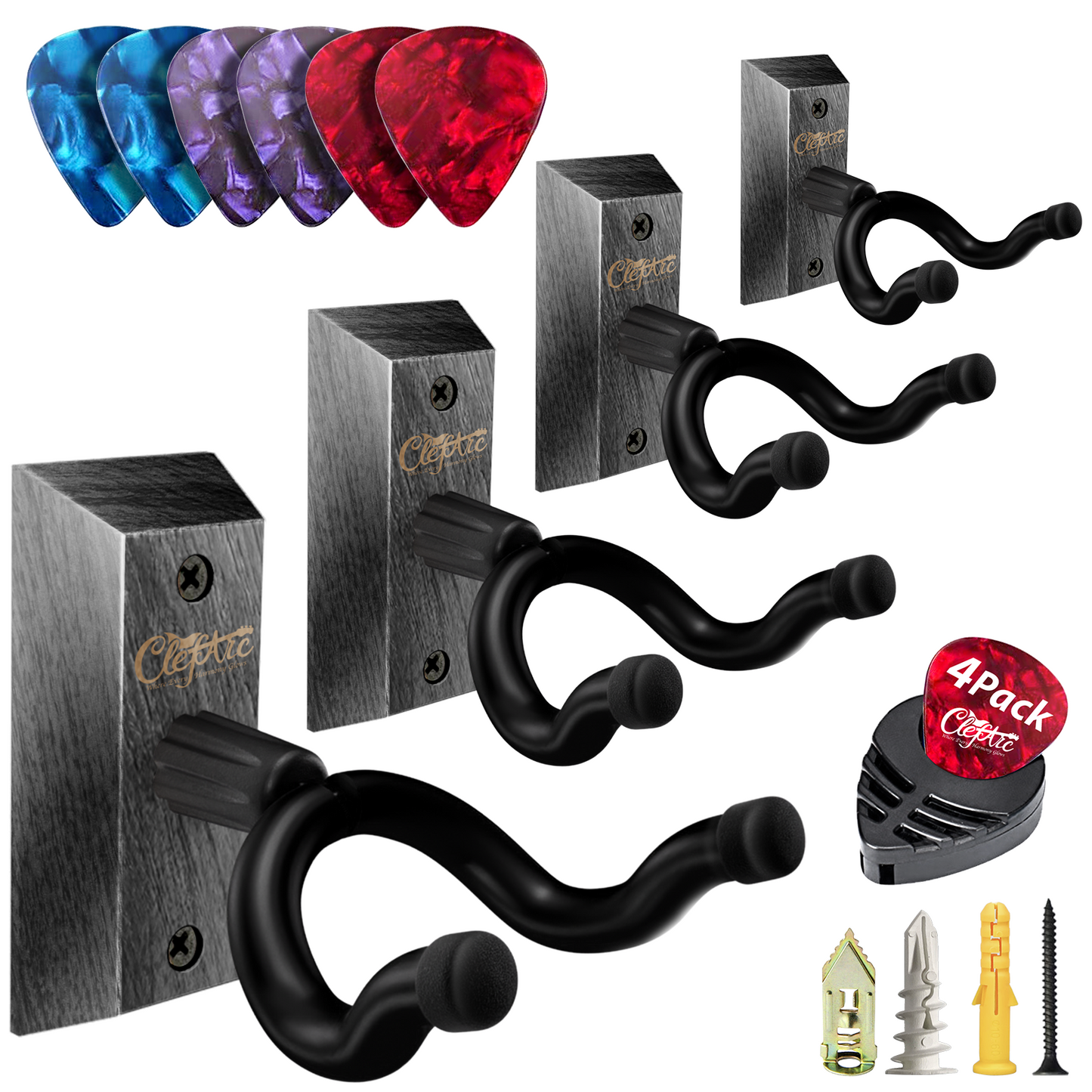 Guitar Wall Mount - U-Shape Hardwood Guitar Hanger, with 6 Assorted Guitar Picks