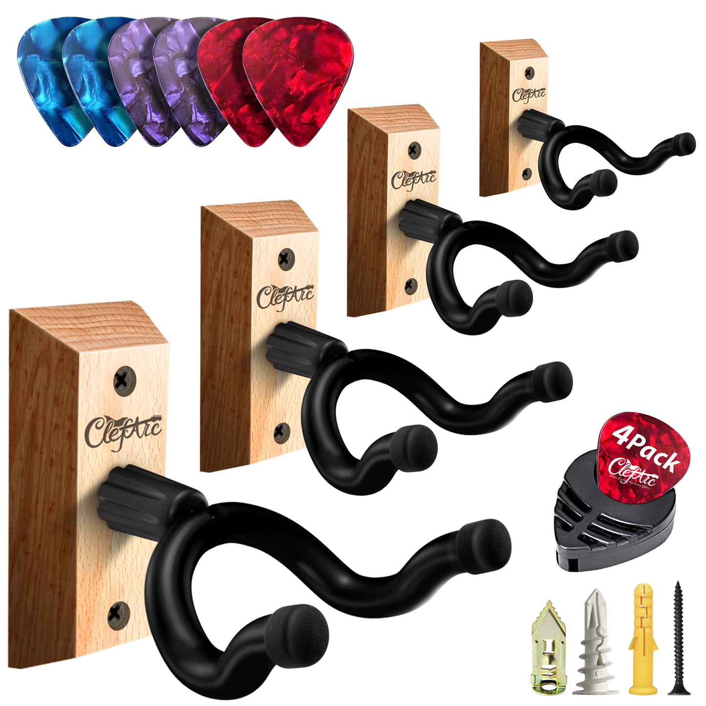 Guitar Wall Mount - U-Shape Hardwood Guitar Hanger, with 6 Assorted Guitar Picks