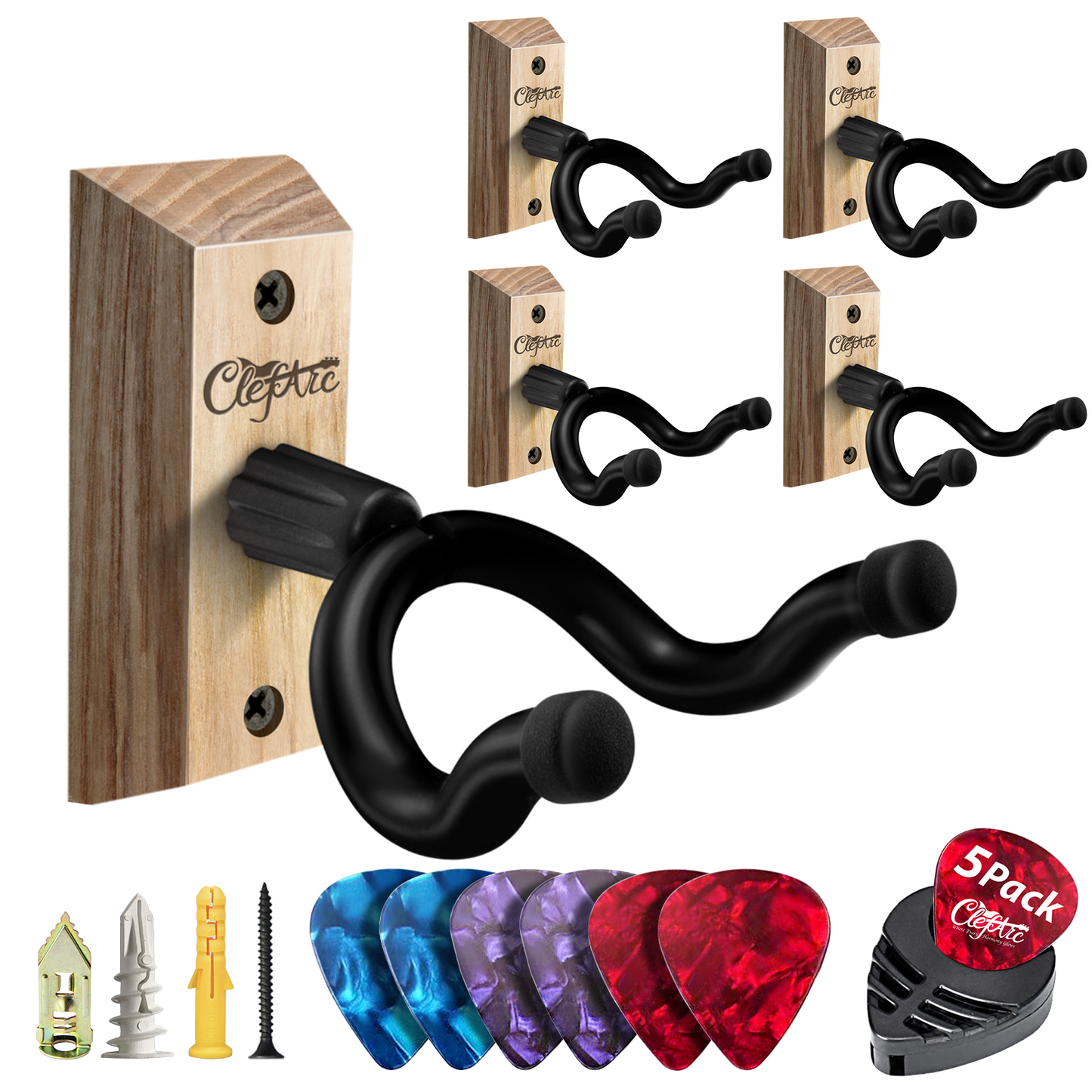 Guitar Wall Mount - U-Shape Hardwood Guitar Hanger, with 6 Assorted Guitar Picks