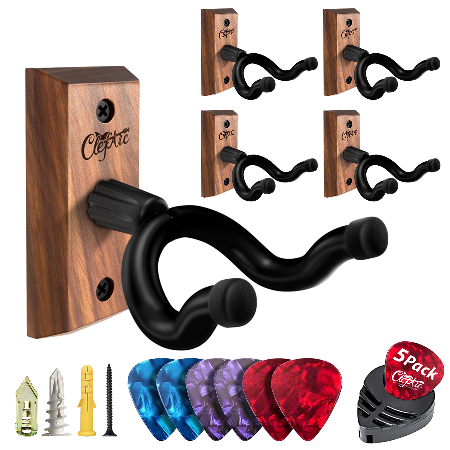 Guitar Wall Mount - U-Shape Hardwood Guitar Hanger, with 6 Assorted Guitar Picks