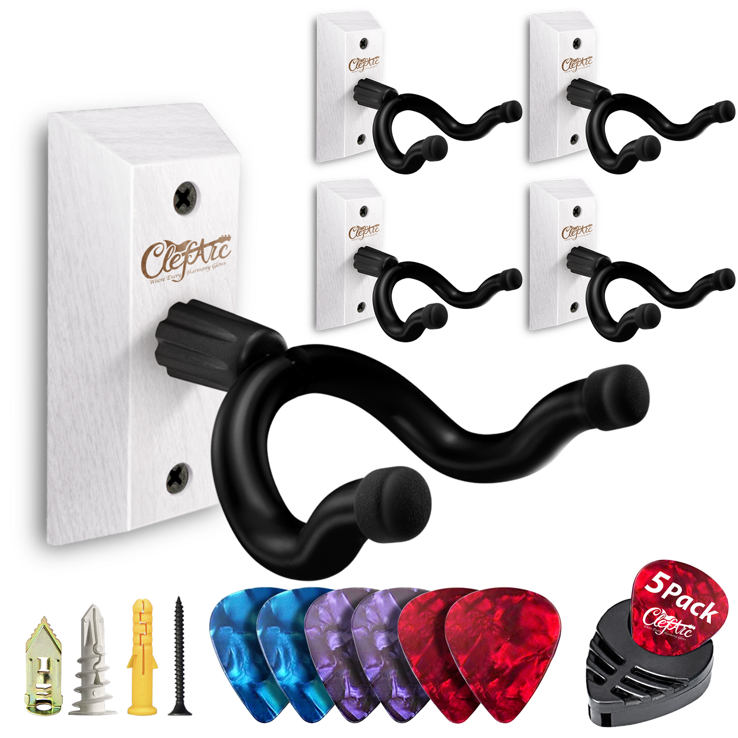 Guitar Wall Mount - U-Shape Hardwood Guitar Hanger, with 6 Assorted Guitar Picks
