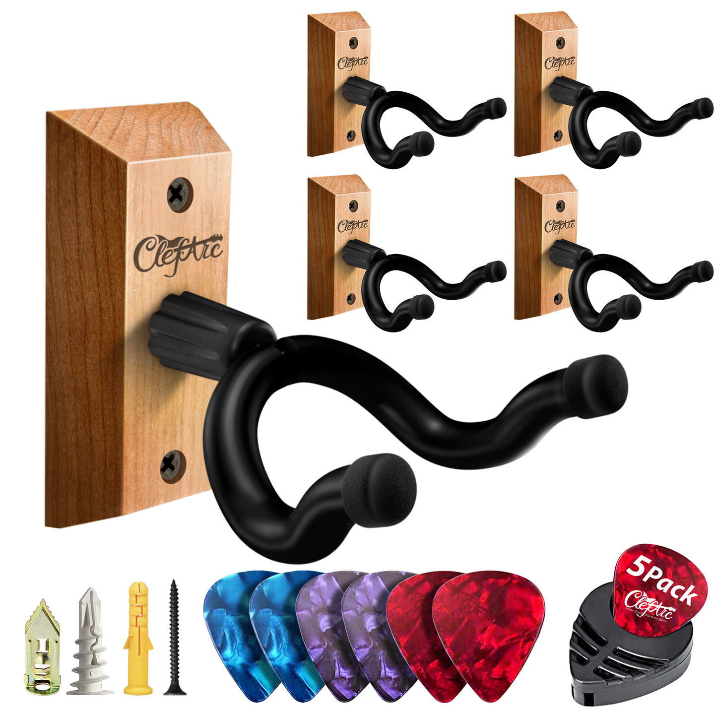 Guitar Wall Mount - U-Shape Hardwood Guitar Hanger, with 6 Assorted Guitar Picks
