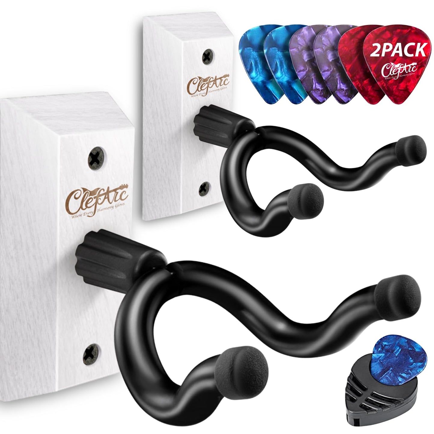 Guitar Wall Mount Teak - 2 Pack U-Shape Wall Hangers, Guitar Picks, Pick Holder, Stand, Wood Instrument Hanger, Gifts for Guitarists