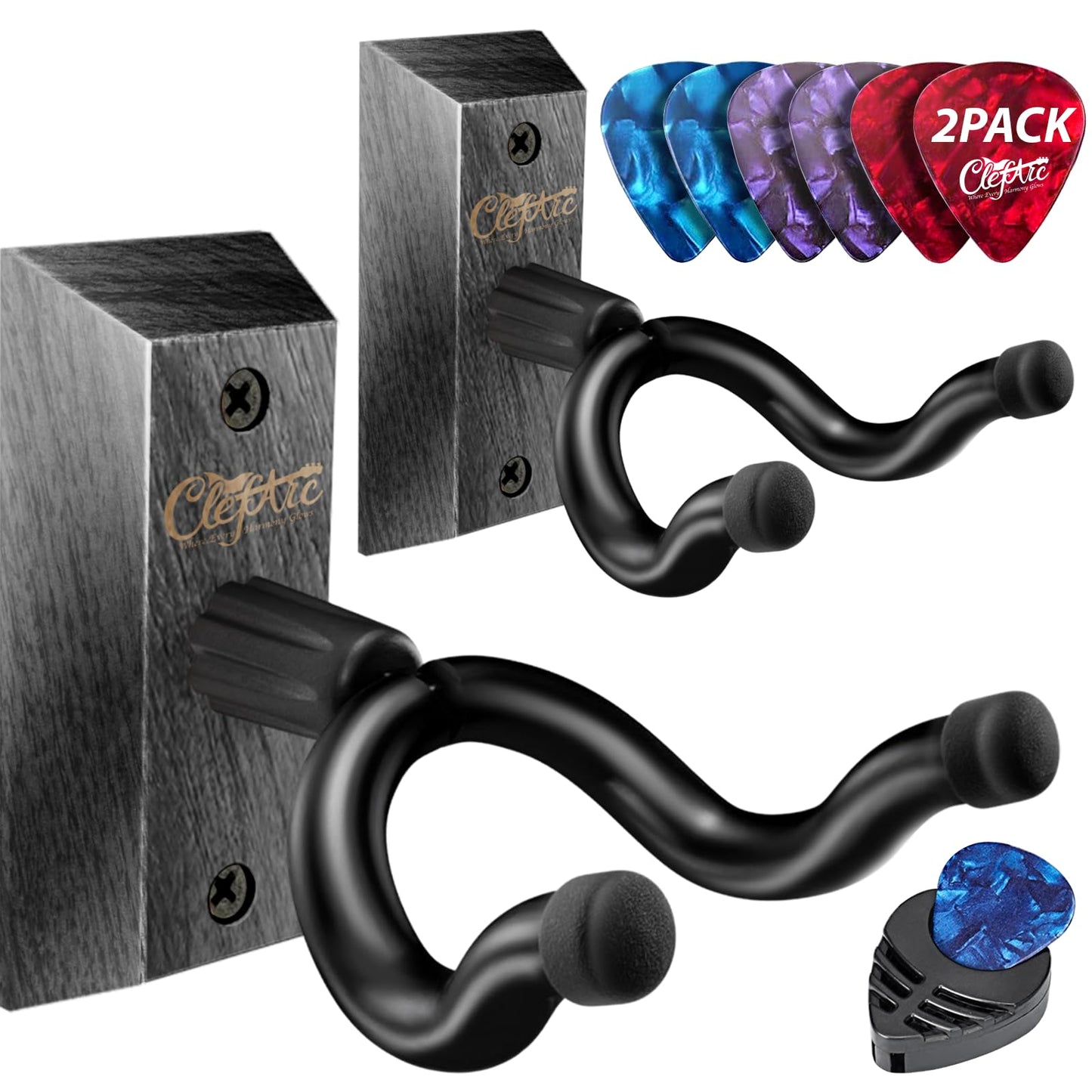 Guitar Wall Mount Teak - 2 Pack U-Shape Wall Hangers, Guitar Picks, Pick Holder, Stand, Wood Instrument Hanger, Gifts for Guitarists