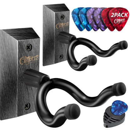 Guitar Wall Mount Teak - 2 Pack U-Shape Wall Hangers, Guitar Picks, Pick Holder, Stand, Wood Instrument Hanger, Gifts for Guitarists