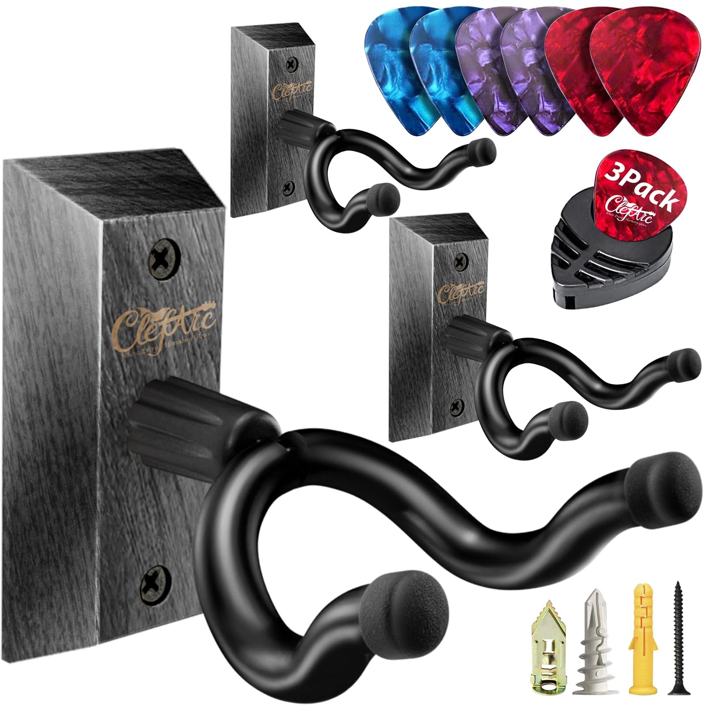 Guitar Wall Mount Teak - 2 Pack U-Shape Wall Hangers, Guitar Picks, Pick Holder, Stand, Wood Instrument Hanger, Gifts for Guitarists