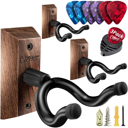 Guitar Wall Mount Teak - 2 Pack U-Shape Wall Hangers, Guitar Picks, Pick Holder, Stand, Wood Instrument Hanger, Gifts for Guitarists