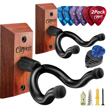 Guitar Wall Mount Teak - 2 Pack U-Shape Wall Hangers, Guitar Picks, Pick Holder, Stand, Wood Instrument Hanger, Gifts for Guitarists
