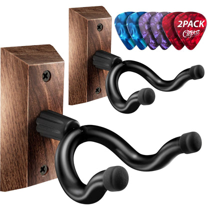 Guitar Wall Mount 2 Pack, Black Walnut Guitar Wall Hangers, U-Shape Hardwood Guitar Hanger, Christmas Gift for Men Music Lovers, Guitar Accessories, with 6 Assorted Guitar Picks