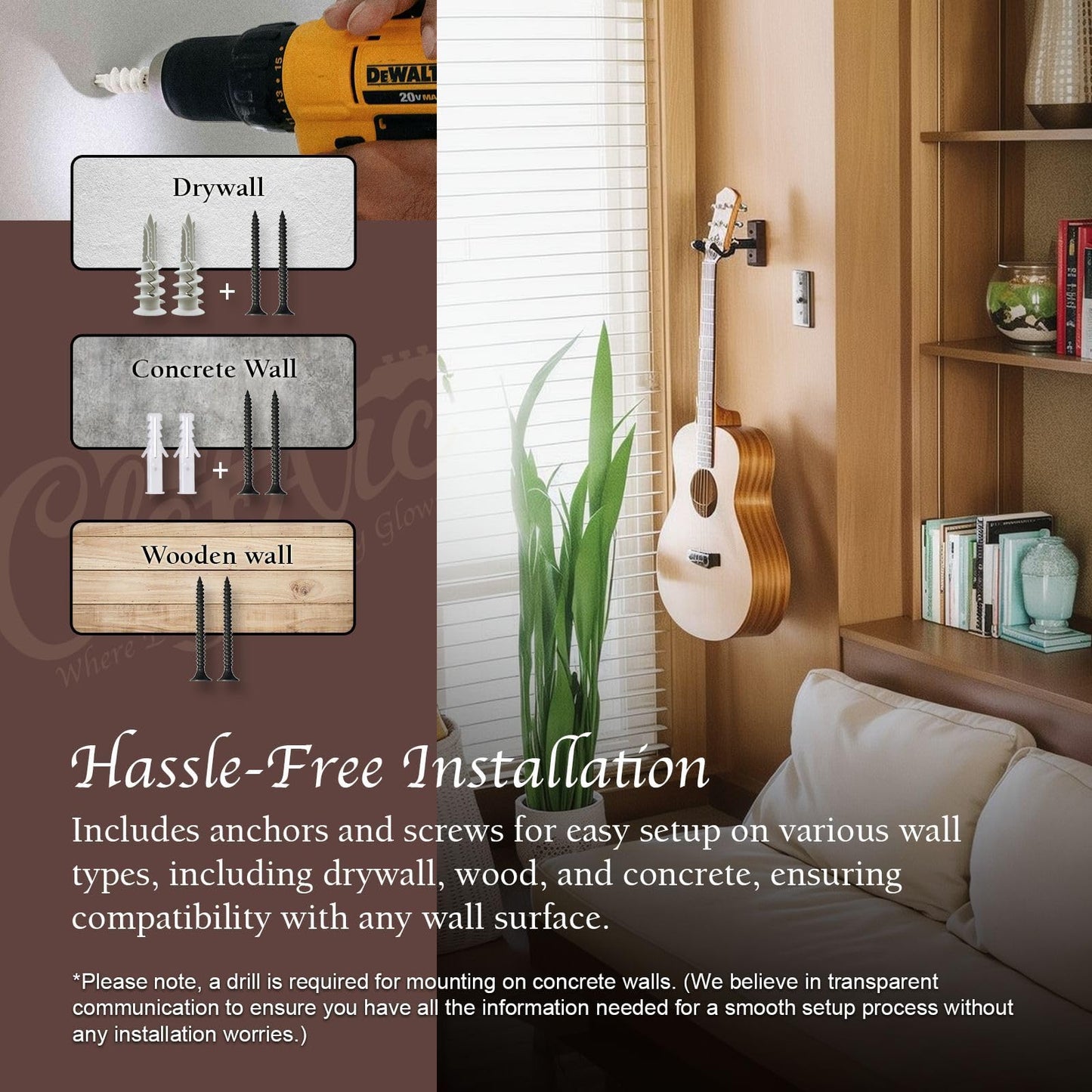 Guitar Wall Mount 2 Pack, Black Walnut Guitar Wall Hangers, U-Shape Hardwood Guitar Hanger, Christmas Gift for Men Music Lovers, Guitar Accessories, with 6 Assorted Guitar Picks