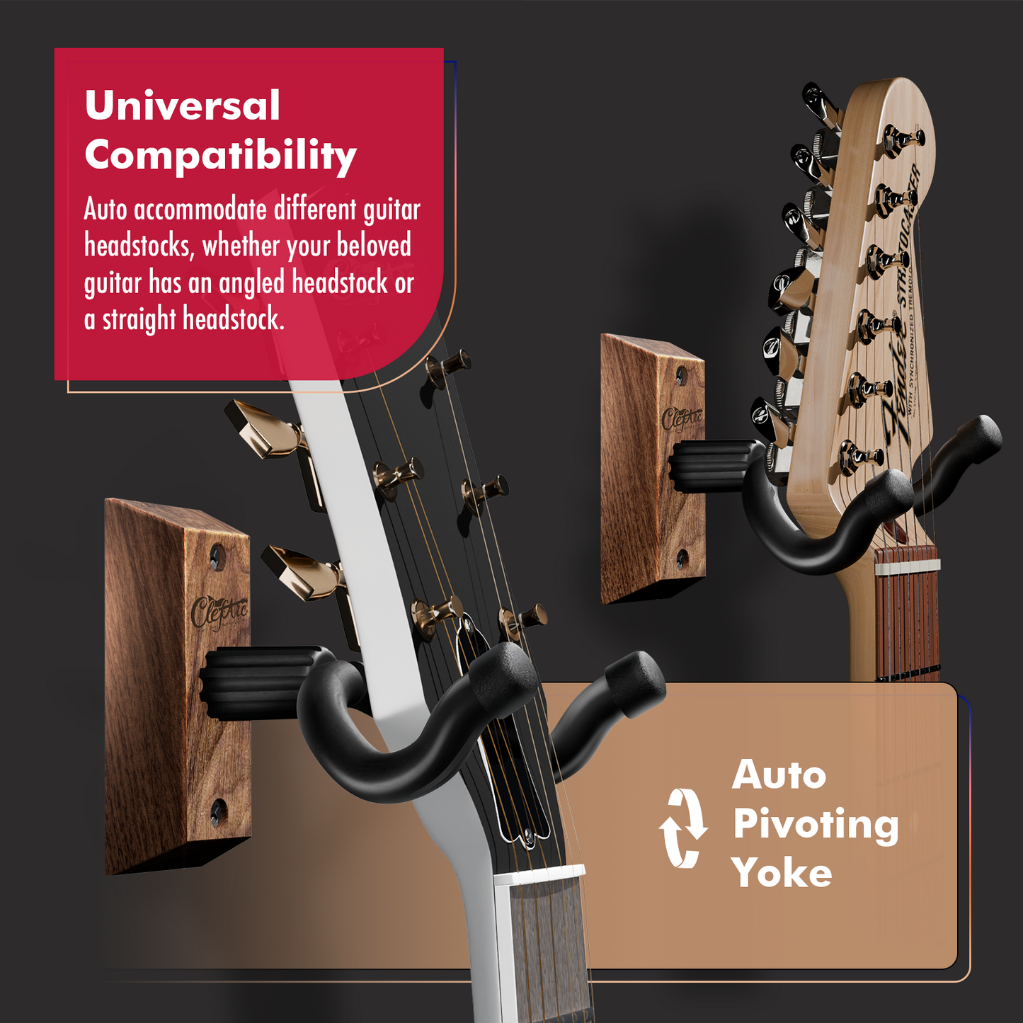 Guitar Wall Mount - U-Shape Hardwood Guitar Hanger, with 6 Assorted Guitar Picks
